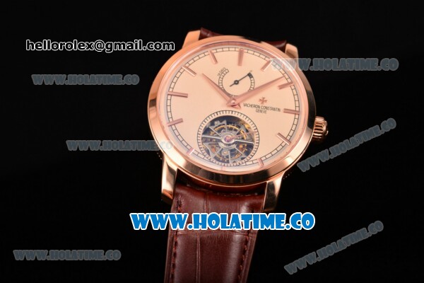 Vacheron Constantin Patrimony Swiss Tourbillon Manual Winding Rose Gold Case with Beige Dial Brown Alligator Strap and Stick Markers - Click Image to Close